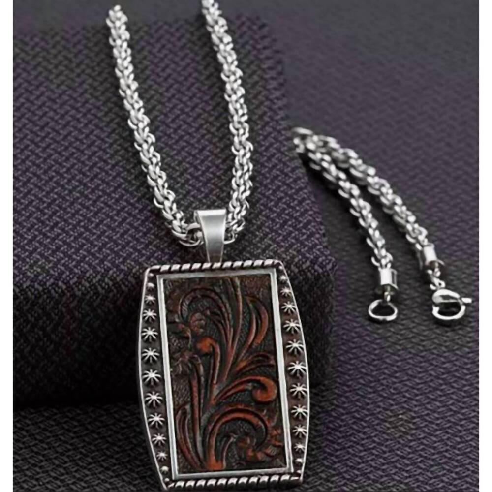 NEW SILVER STRIKE men's rectangle necklace in silver/brown